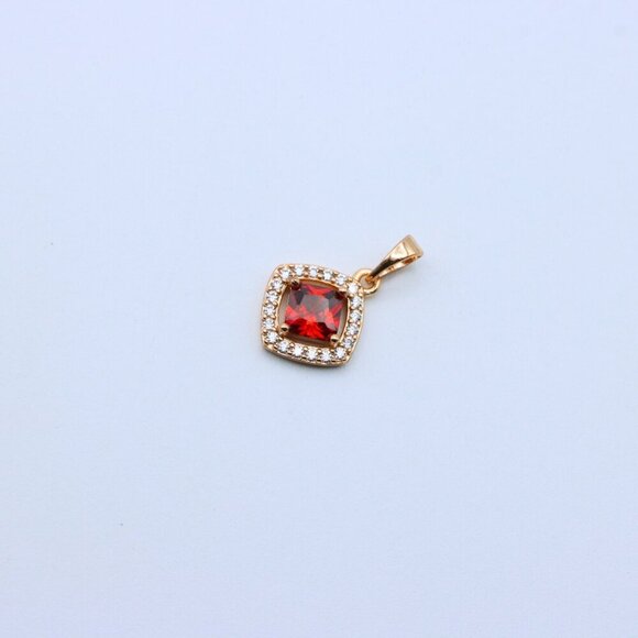 "Red Princess-Cut Halo Pendant in Gold Plated Brass – Elegant Sparkle, XPPT1792 - Picture 12 of 13